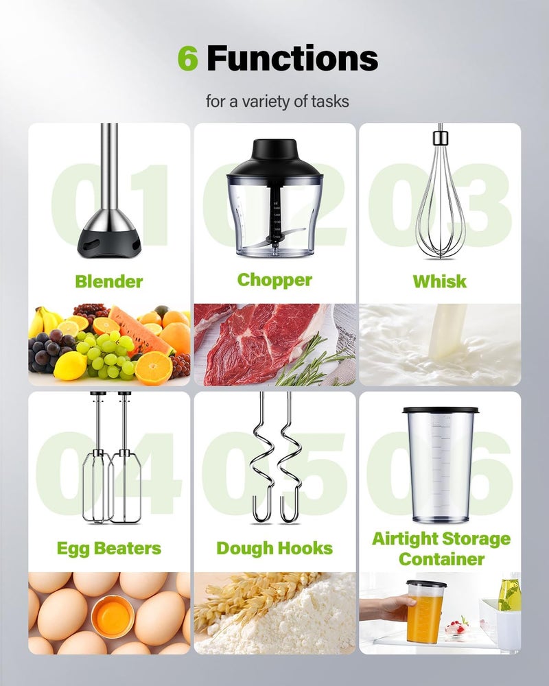 GDOR 6-in-1 Immersion Blender, 1000W Hand Blender with 20 Speeds, Scratch-Resistant Stick Mixer with Whisk, Chopper, Beaker, Egg Beaters & Dough Hooks – Heavy Duty Hand Mixer, Black - Image 2